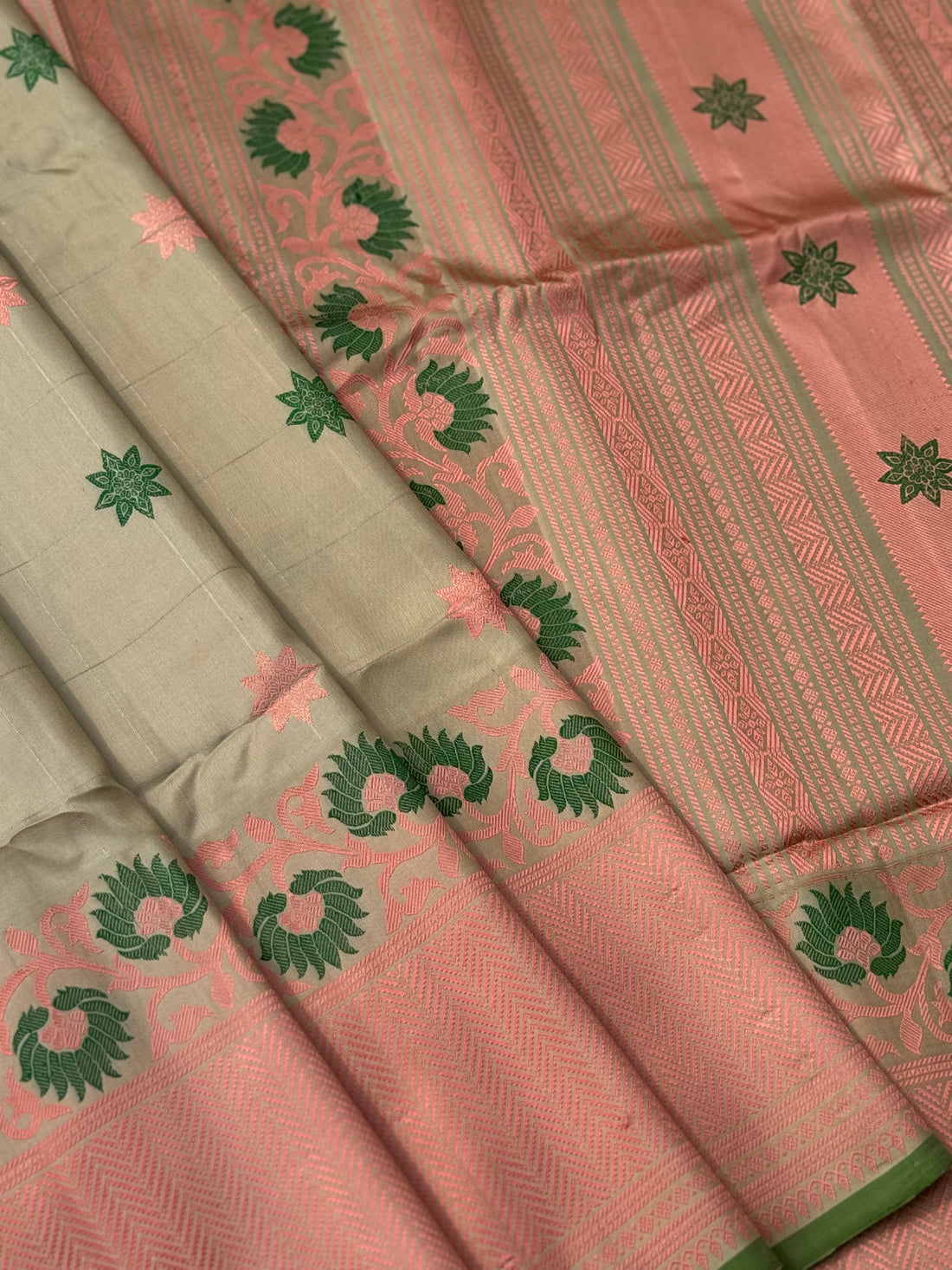 Reserved for Deba - A gorgeous No Zari ivory with peach and green handwoven soft and lustrous gadwal silk saree