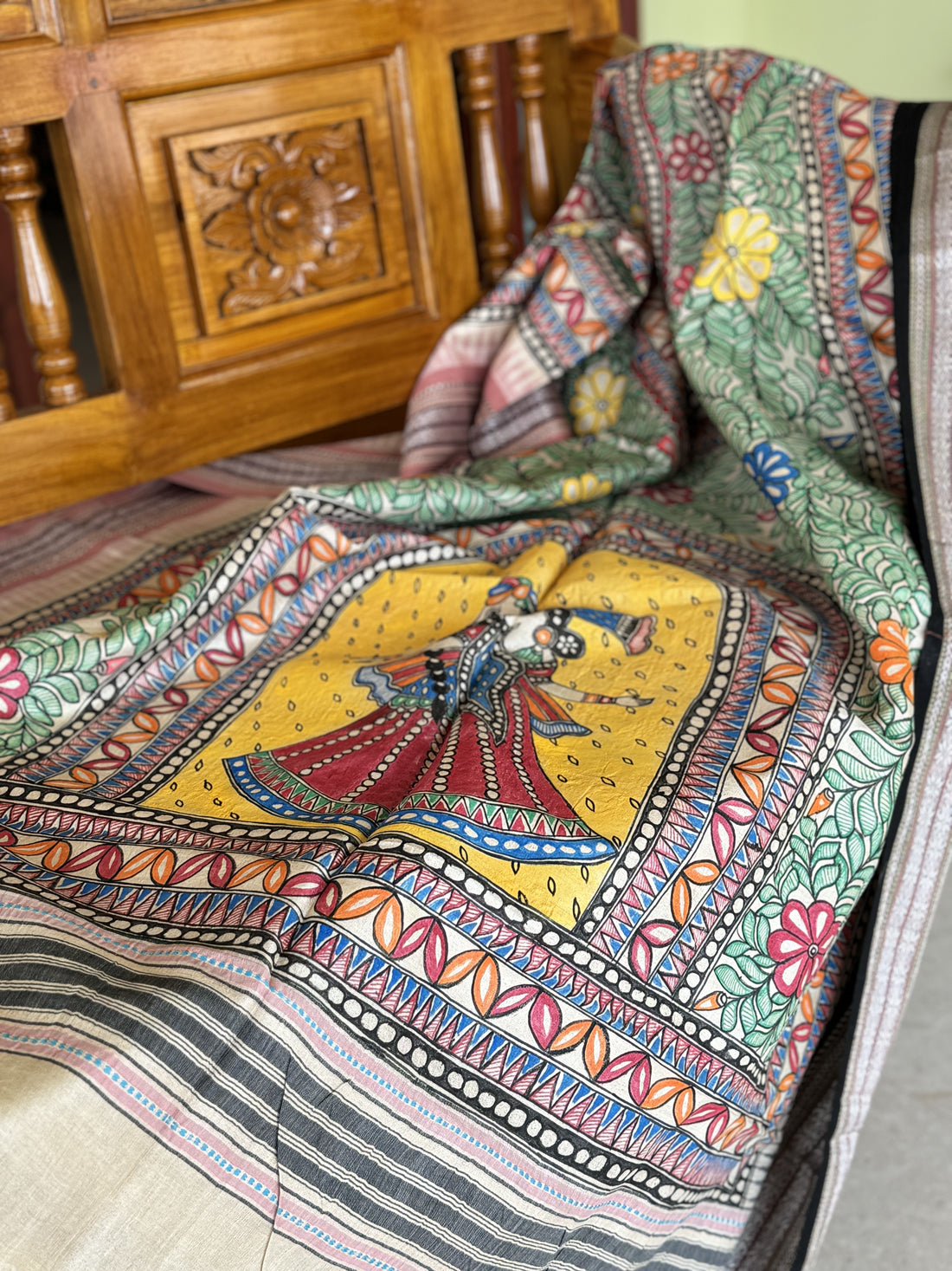 Handdrawn Handpainted Mithila folk art Madhubani painting Dupatta on vidharbha Tussar silk