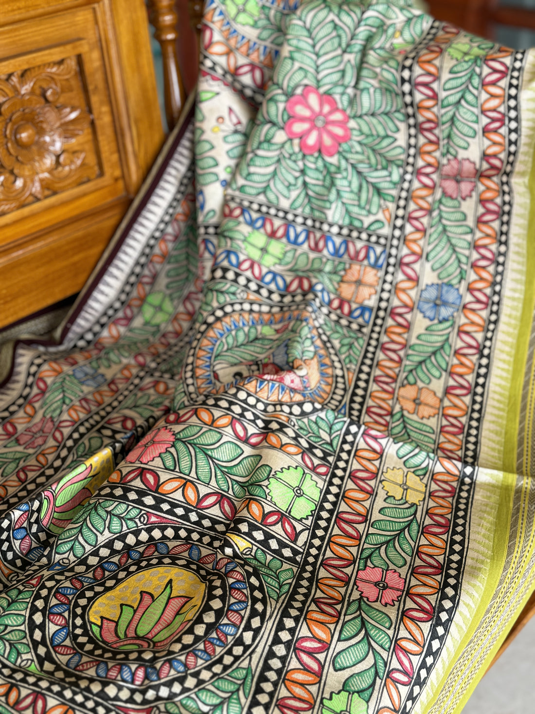 Handdrawn Handpainted Mithila folk art Madhubani painting Dupatta on vidharbha Tussarsilk