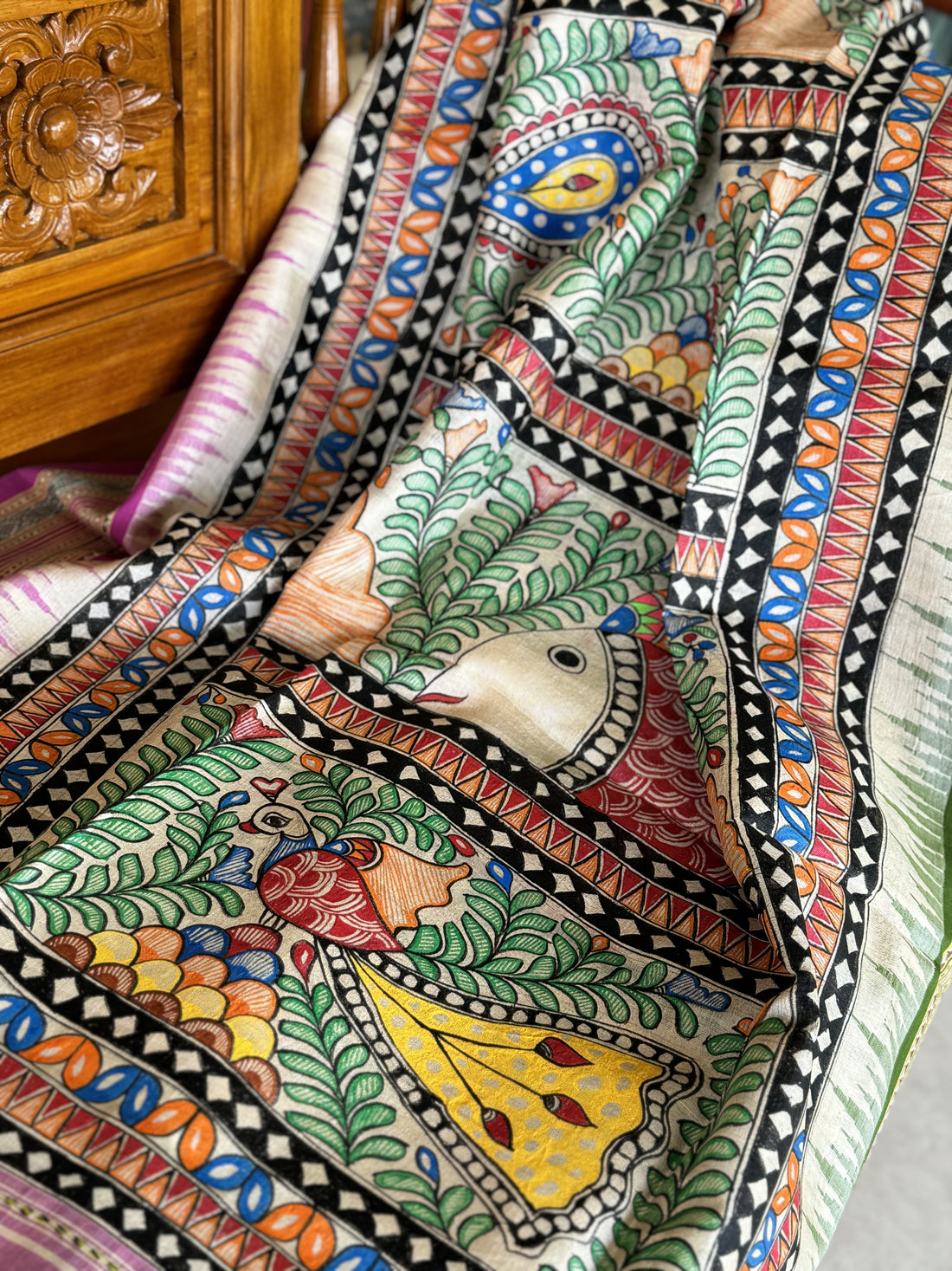 Handdrawn Handpainted Mithila folk art Madhubani painting Dupatta on vidharbha Tussarsilk