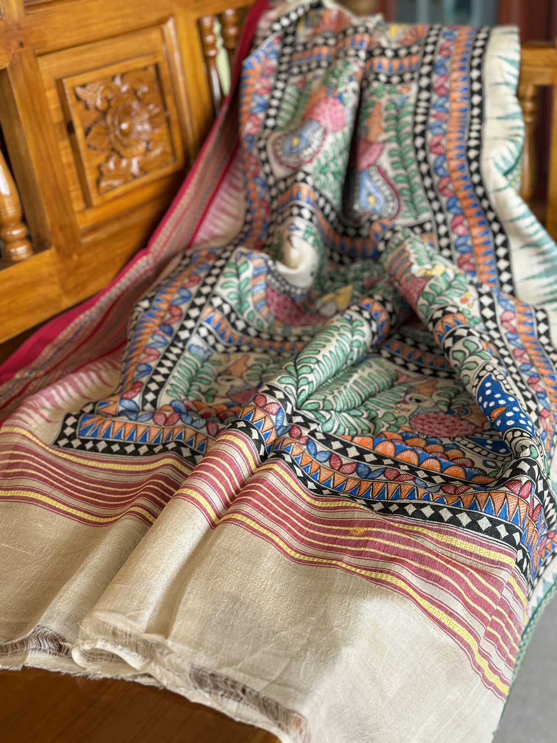 Handdrawn Handpainted Mithila folk art Madhubani painting Dupatta on vidharbha Tussarsilk