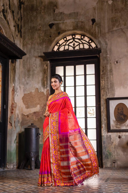 Parsi Gara with Rai Bhandej stunning Korvai Kanchivaram in rustic orange with pink