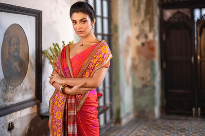 Parsi Gara with Rai Bhandej stunning Korvai Kanchivaram in rustic orange with pink