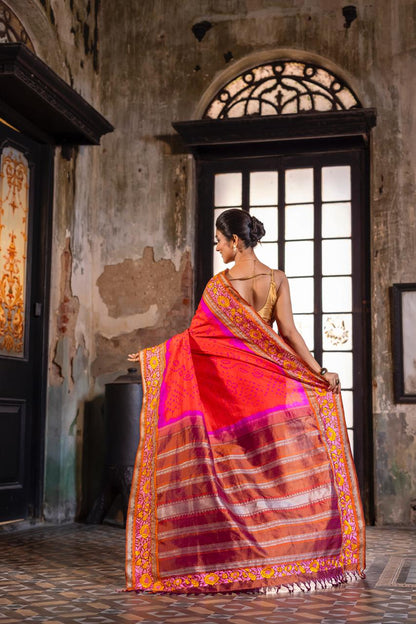 Parsi Gara with Rai Bhandej stunning Korvai Kanchivaram in rustic orange with pink