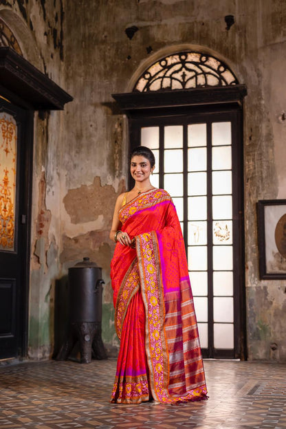 Parsi Gara with Rai Bhandej stunning Korvai Kanchivaram in rustic orange with pink