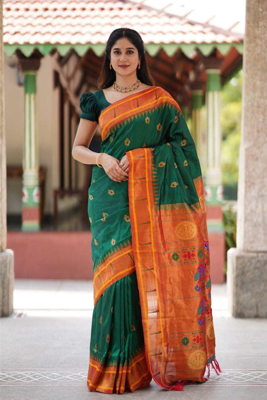 Single Muniya Paithani Silk Saree in Bottlegreen