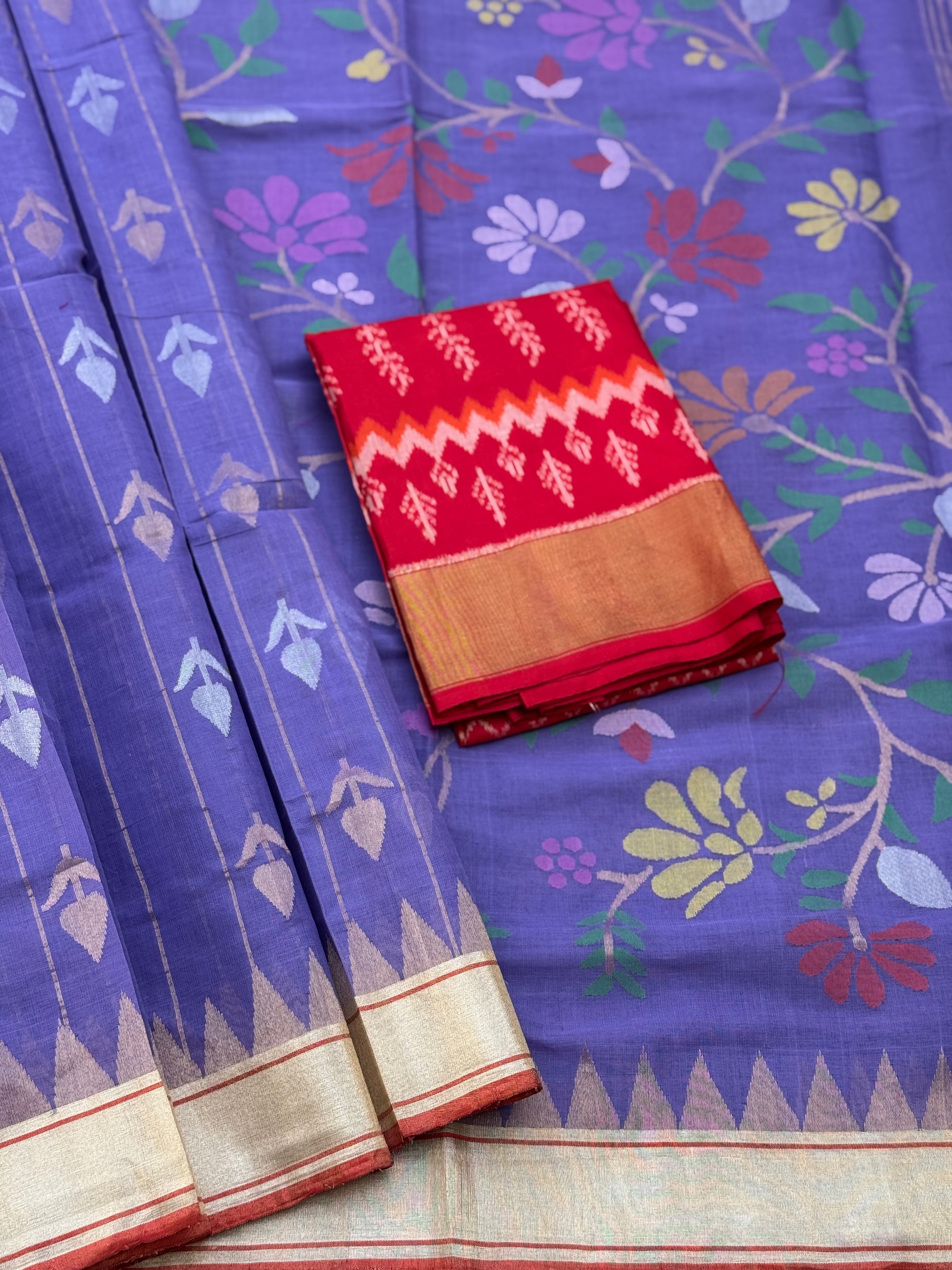Lavender Handspun and handwoven ponduru Khadhi cotton saree with Jamdani stripes and floral buttas