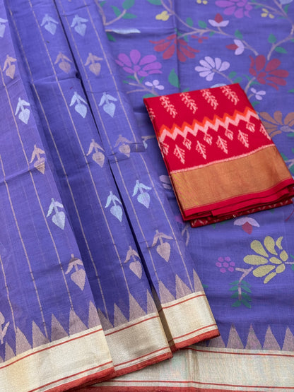 Lavender Handspun and handwoven ponduru Khadhi cotton saree with Jamdani stripes and floral buttas