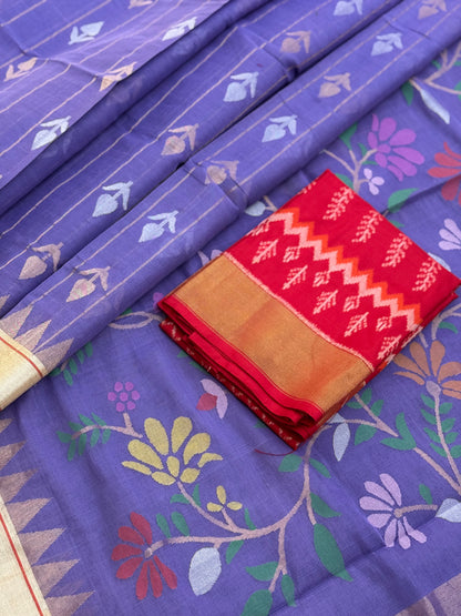 Lavender Handspun and handwoven ponduru Khadhi cotton saree with Jamdani stripes and floral buttas