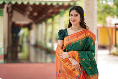 Single Muniya Paithani Silk Saree in Bottlegreen