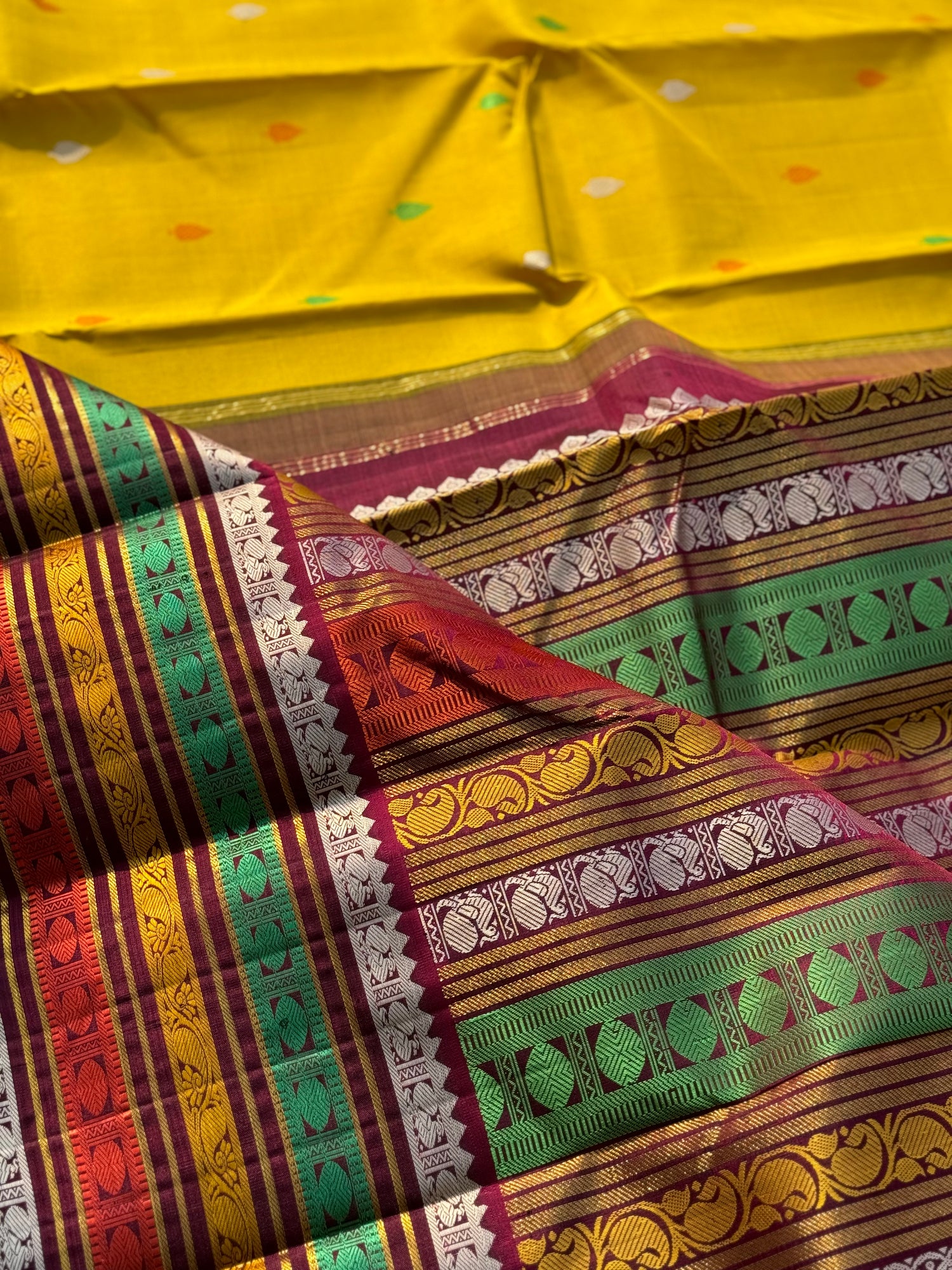 No Zari sampanga yellow with multicolour border korvai kanchivaram silk saree with thread work korvai