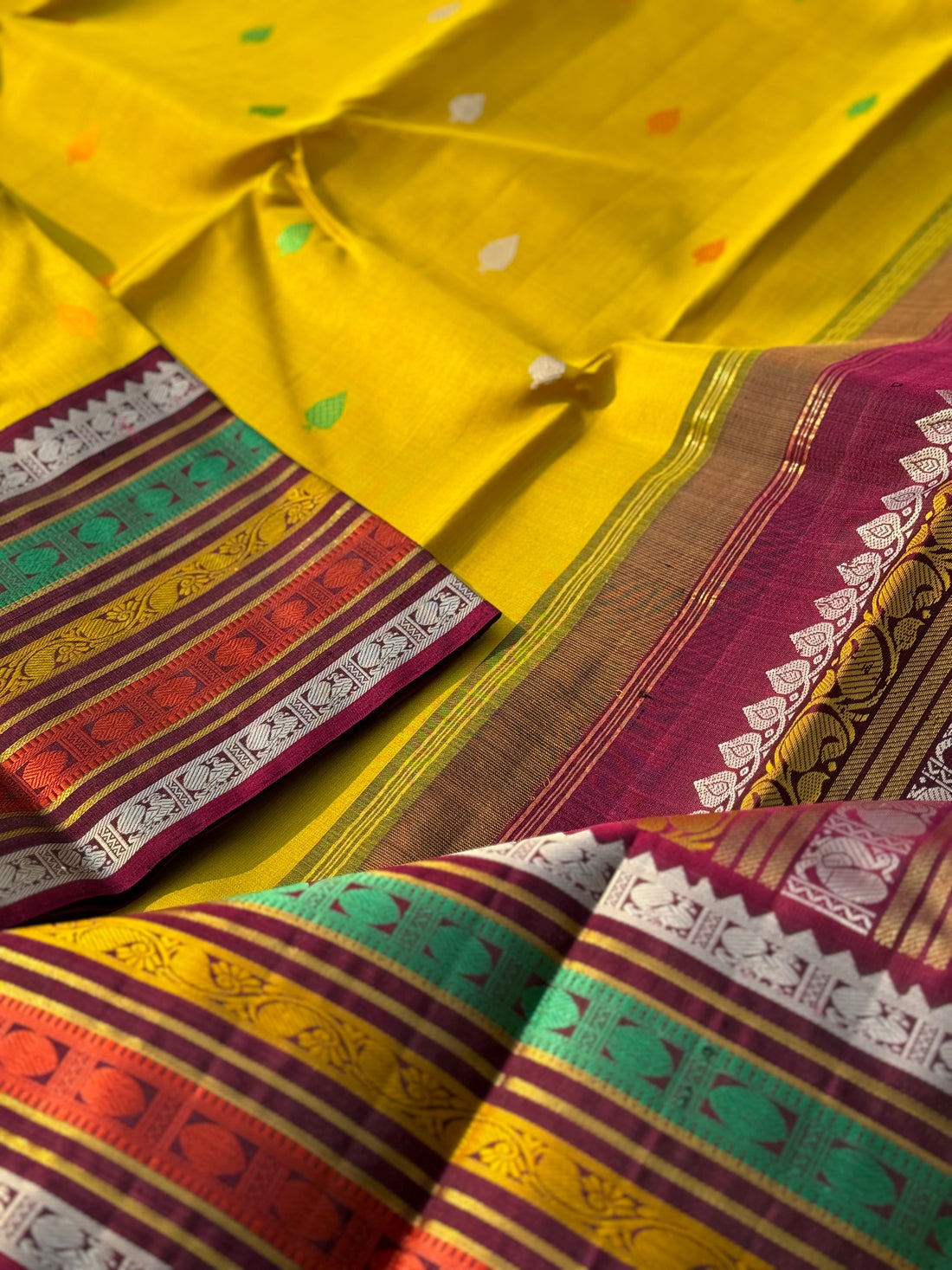 No Zari sampanga yellow with multicolour border korvai kanchivaram silk saree with thread work korvai