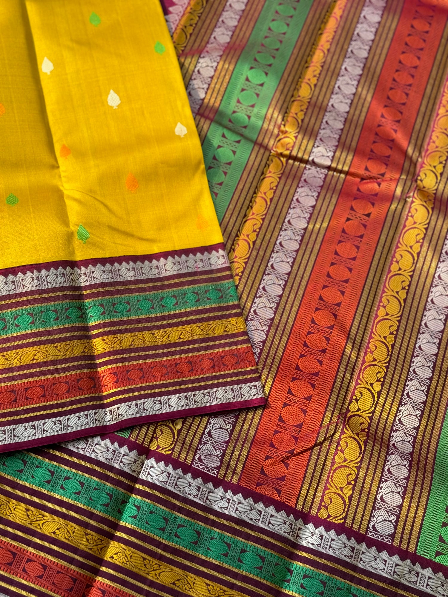 No Zari sampanga yellow with multicolour border korvai kanchivaram silk saree with thread work korvai