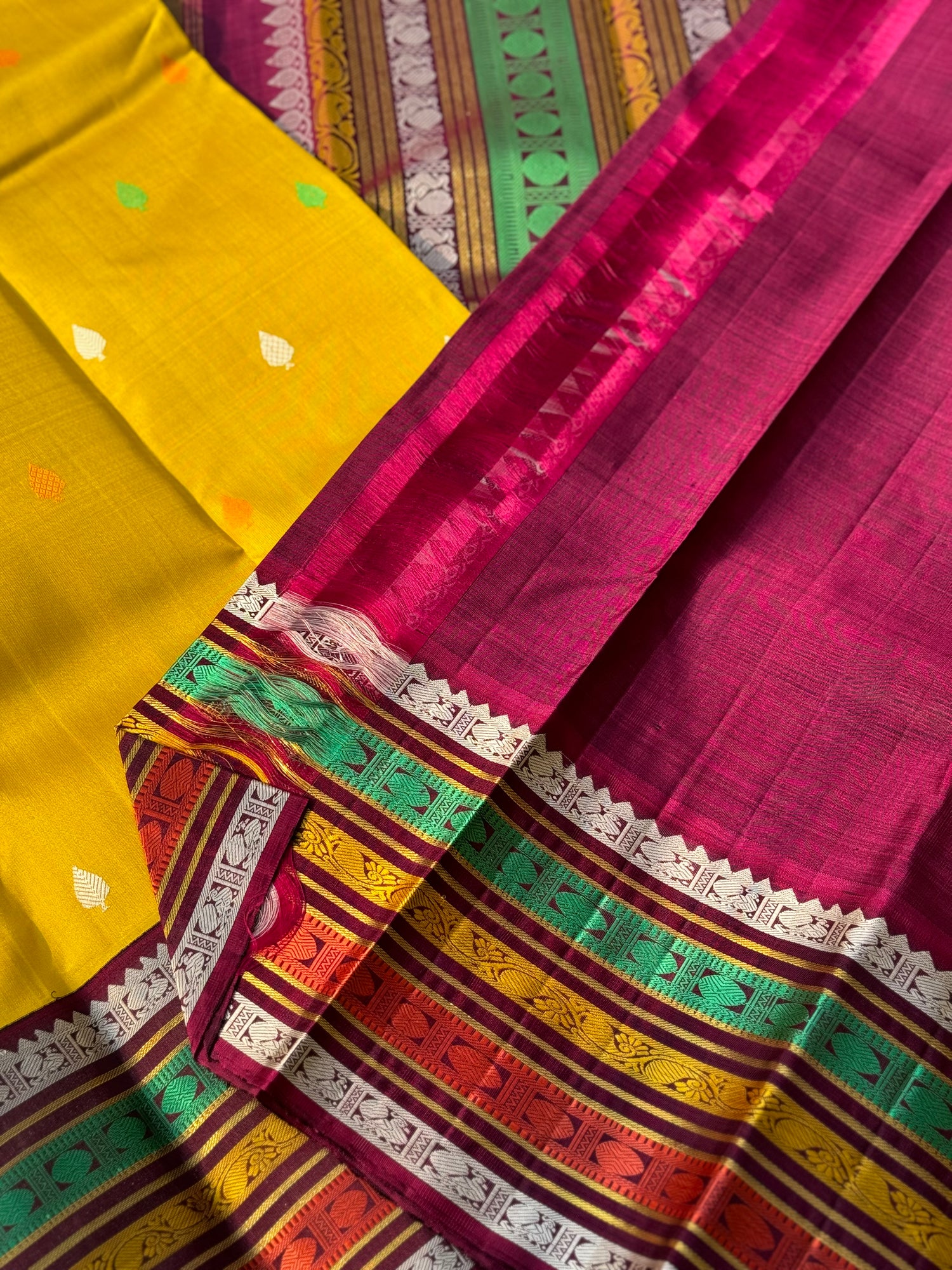No Zari sampanga yellow with multicolour border korvai kanchivaram silk saree with thread work korvai