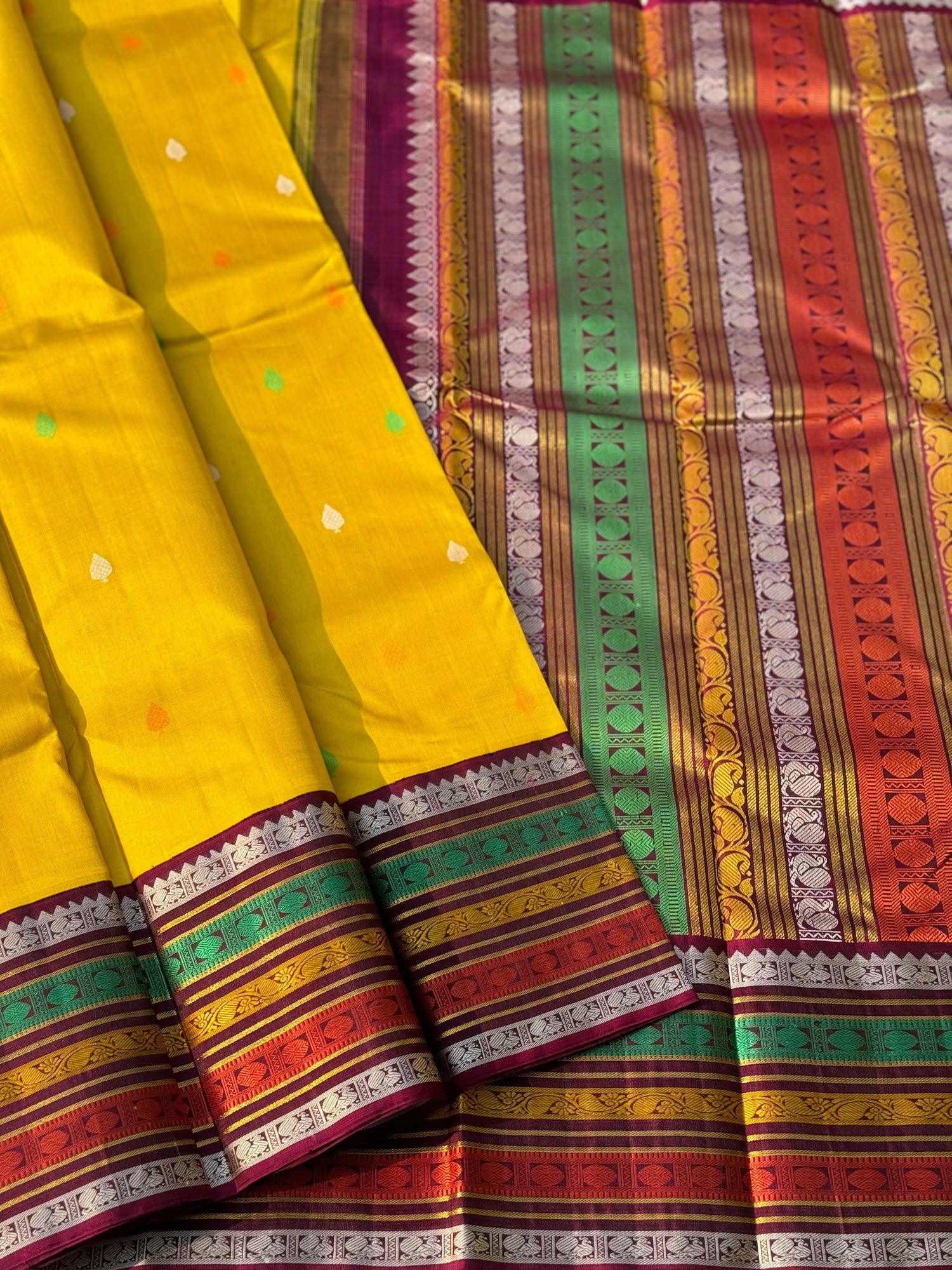 No Zari sampanga yellow with multicolour border korvai kanchivaram silk saree with thread work korvai