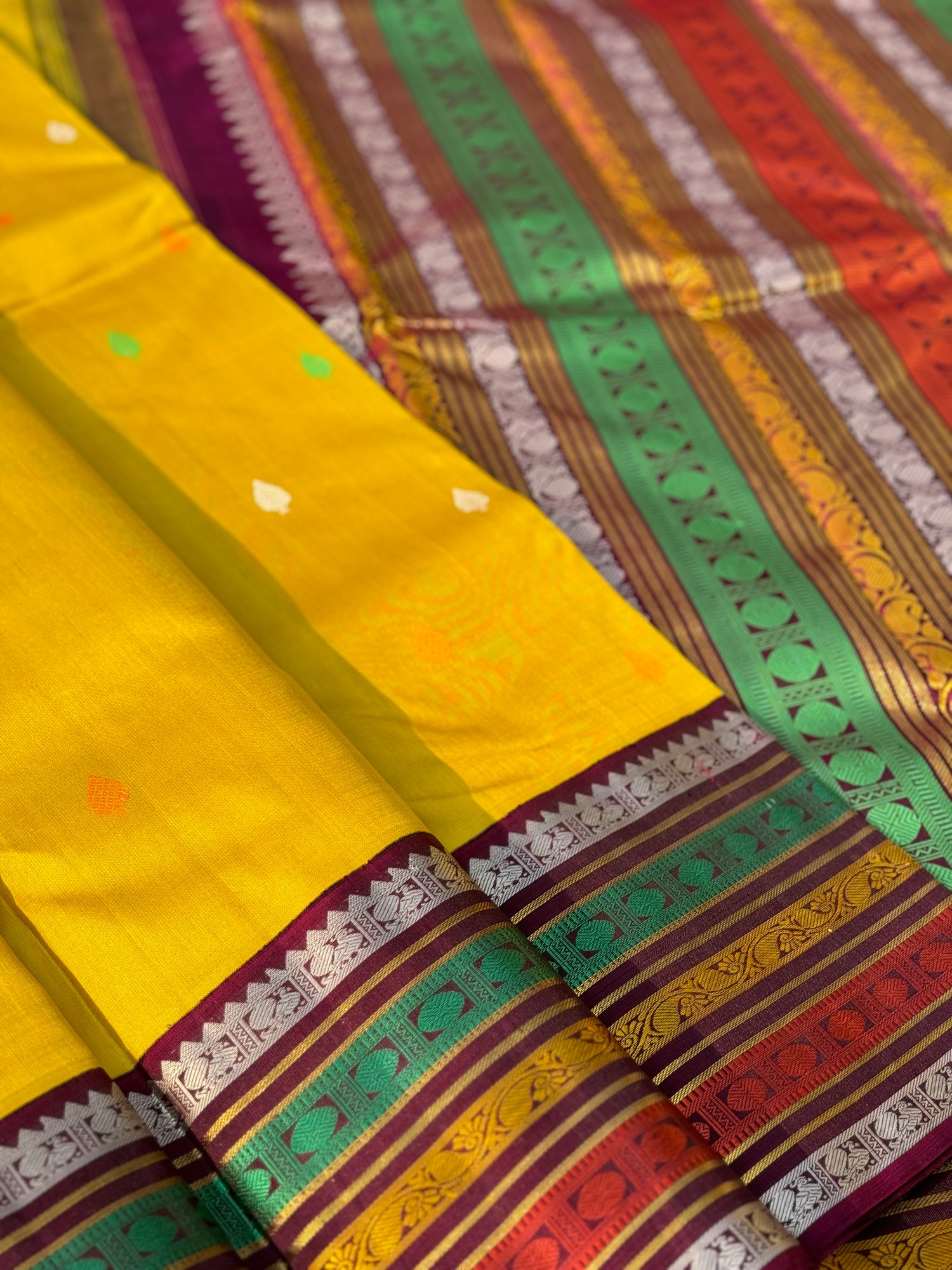 No Zari sampanga yellow with multicolour border korvai kanchivaram silk saree with thread work korvai