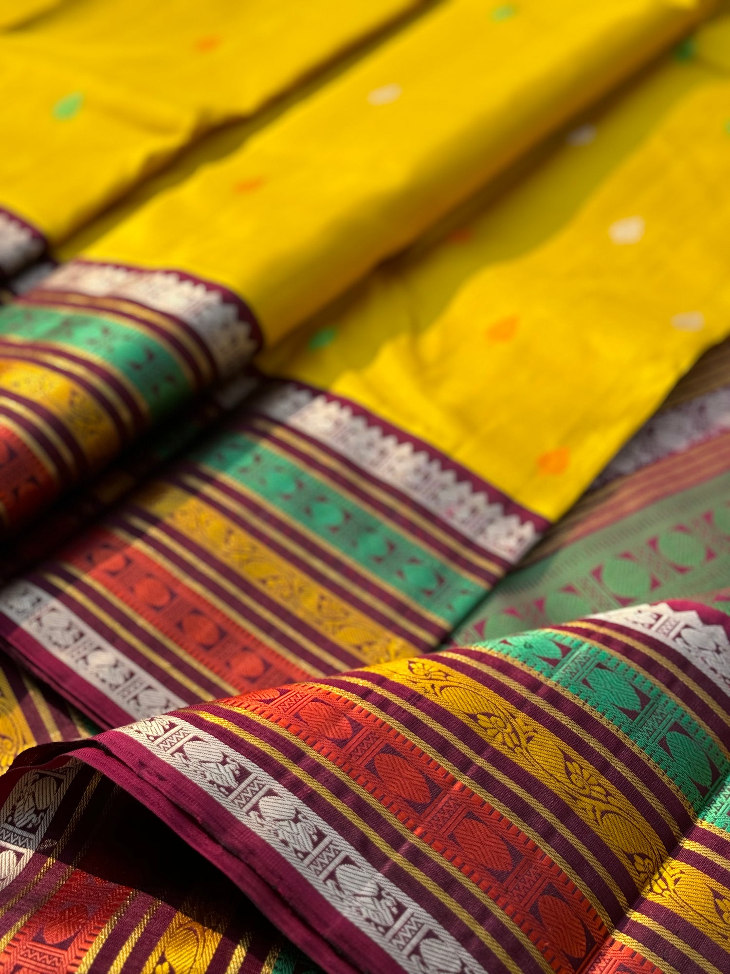No Zari sampanga yellow with multicolour border korvai kanchivaram silk saree with thread work korvai