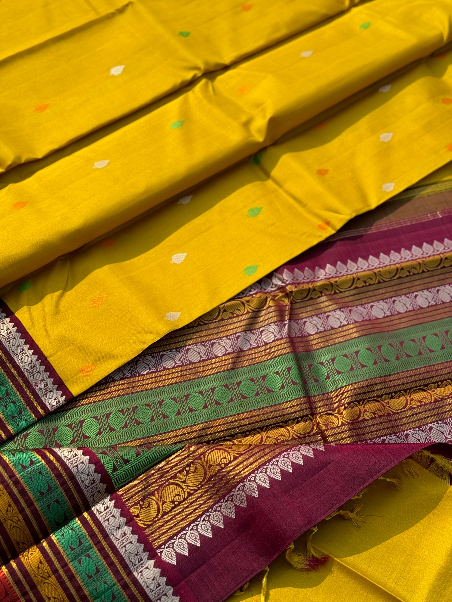 No Zari sampanga yellow with multicolour border korvai kanchivaram silk saree with thread work korvai