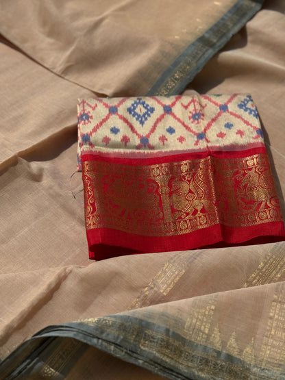 Handspun Khadhi cotton saree with grey dobby border with tissue blouse