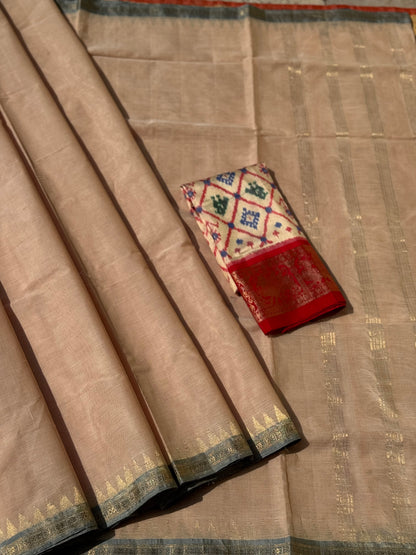 Handspun Khadhi cotton saree with grey dobby border with tissue blouse