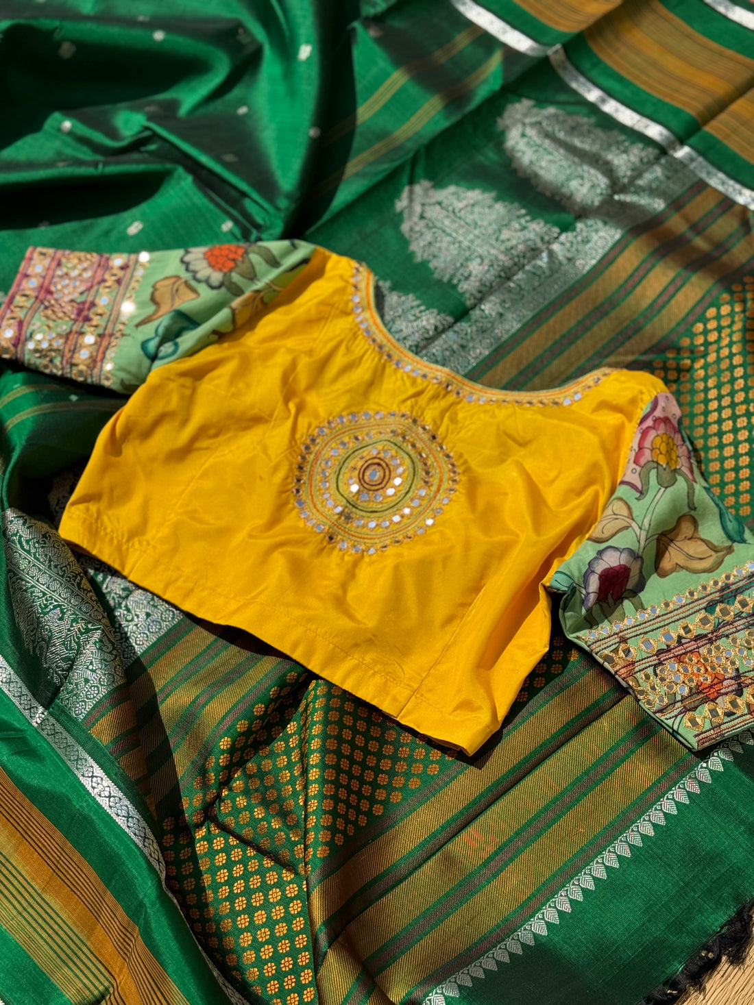 Yellow seagreen silk blouse handdrawn hand painted penkalamkari and zardosi embellished