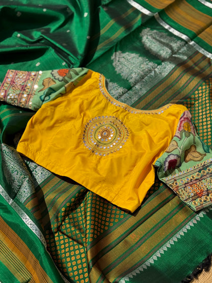 Yellow seagreen silk blouse handdrawn hand painted penkalamkari and zardosi embellished