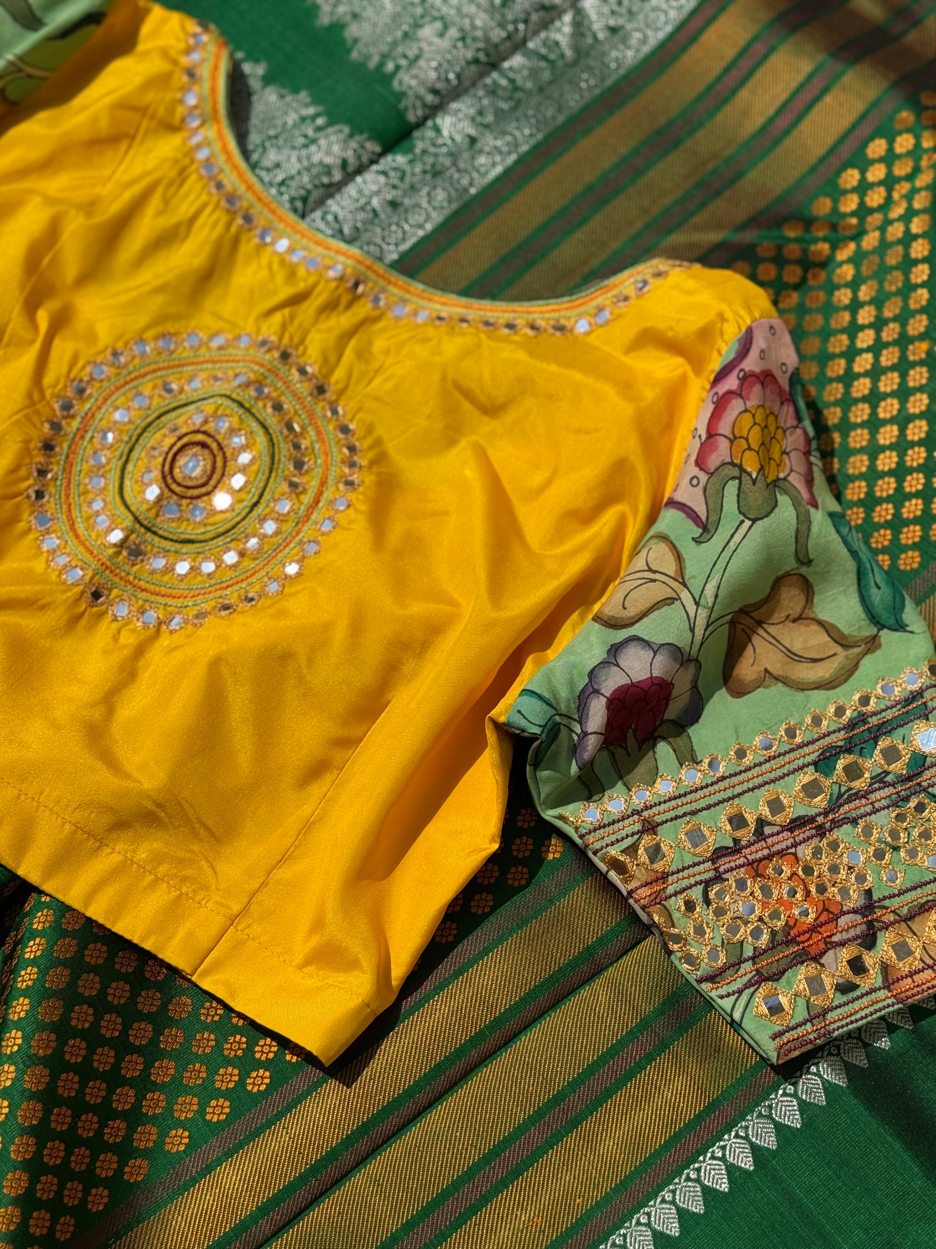 Yellow seagreen silk blouse handdrawn hand painted penkalamkari and zardosi embellished