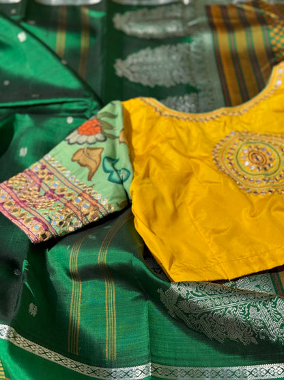 Yellow seagreen silk blouse handdrawn hand painted penkalamkari and zardosi embellished