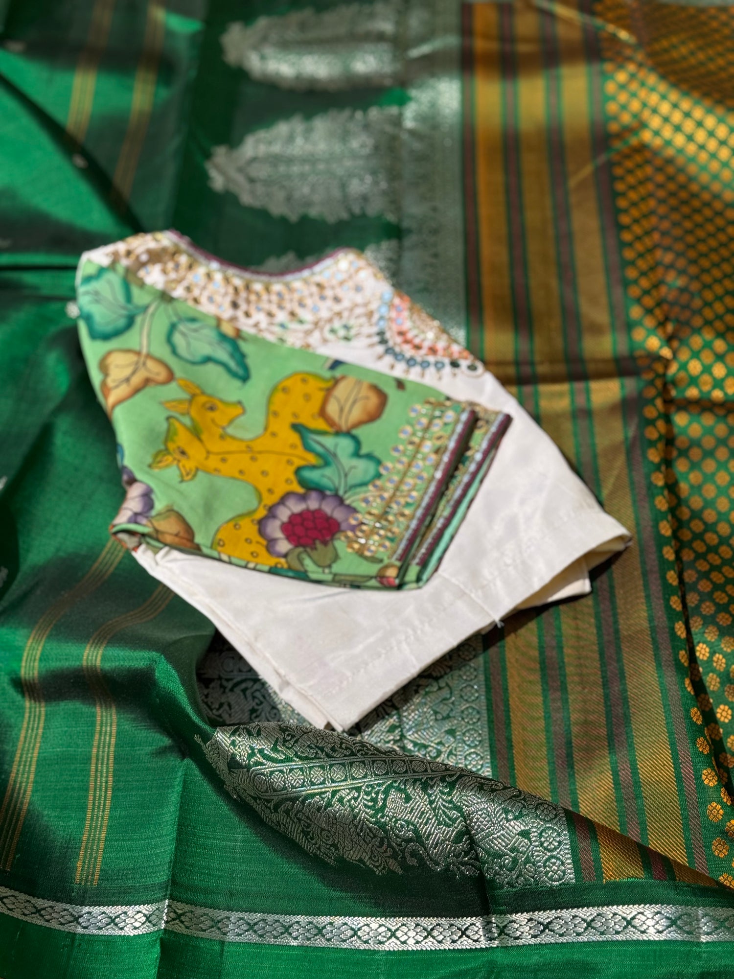 Seagreen with ivory silk blouse handdrawn hand painted penkalamkari and zardosi embellished