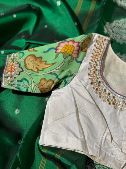 Seagreen with ivory silk blouse handdrawn hand painted penkalamkari and zardosi embellished
