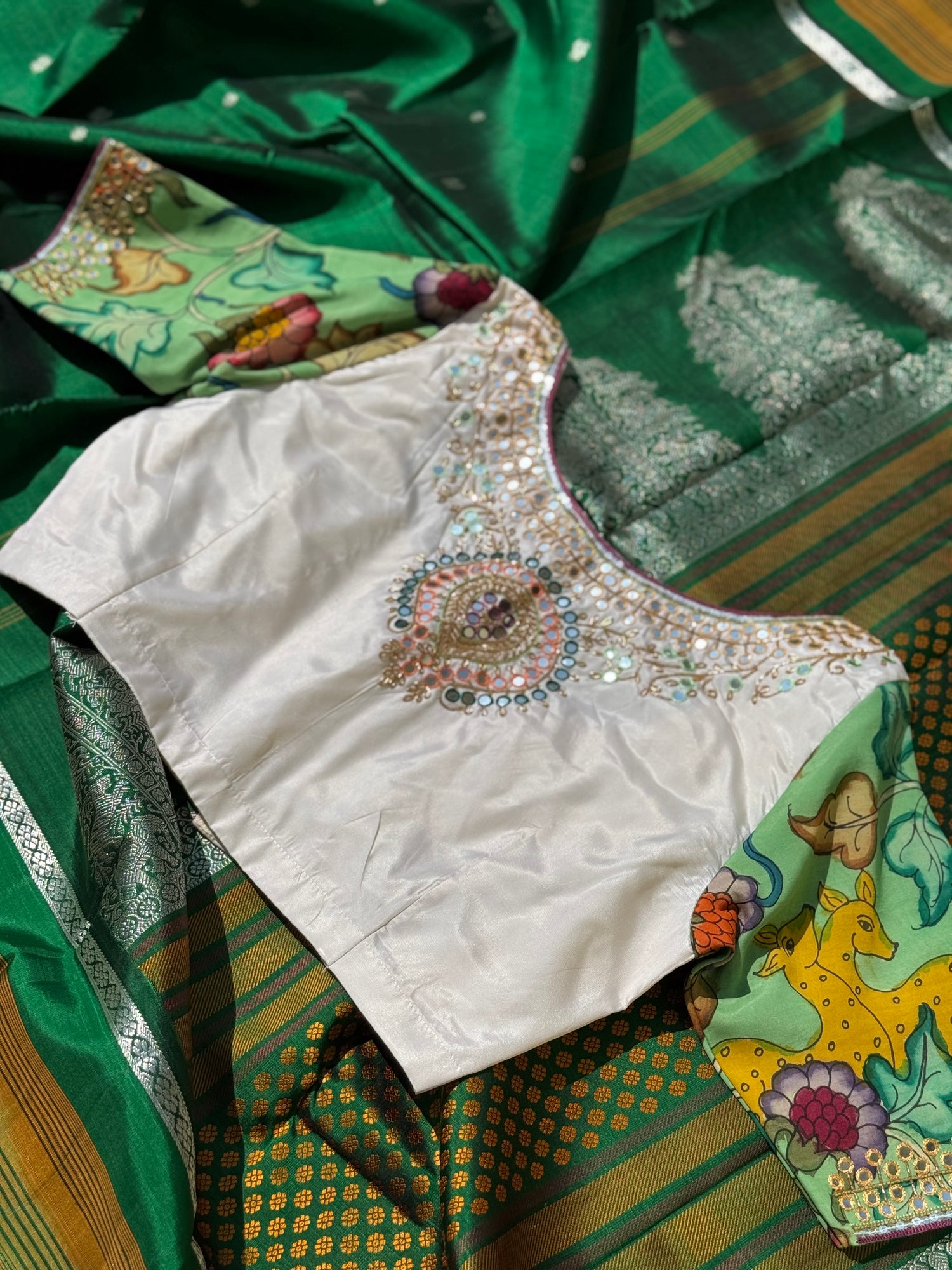 Seagreen with ivory silk blouse handdrawn hand painted penkalamkari and zardosi embellished