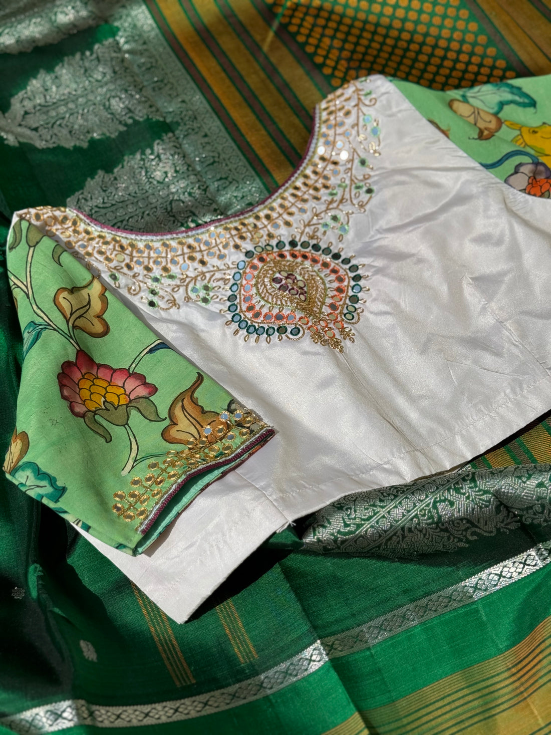 Seagreen with ivory silk blouse handdrawn hand painted penkalamkari and zardosi embellished