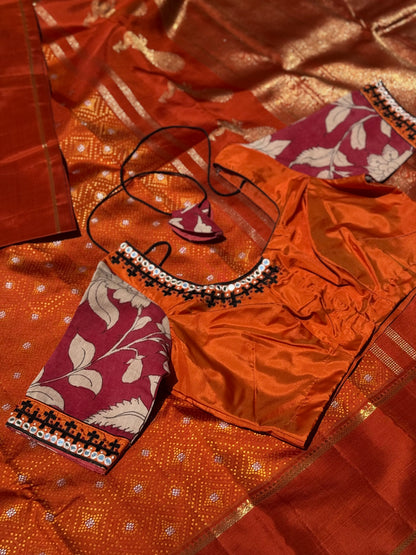 Rust orange with maroon silk blouse handdrawn hand painted penkalamkari and zardosi embellished