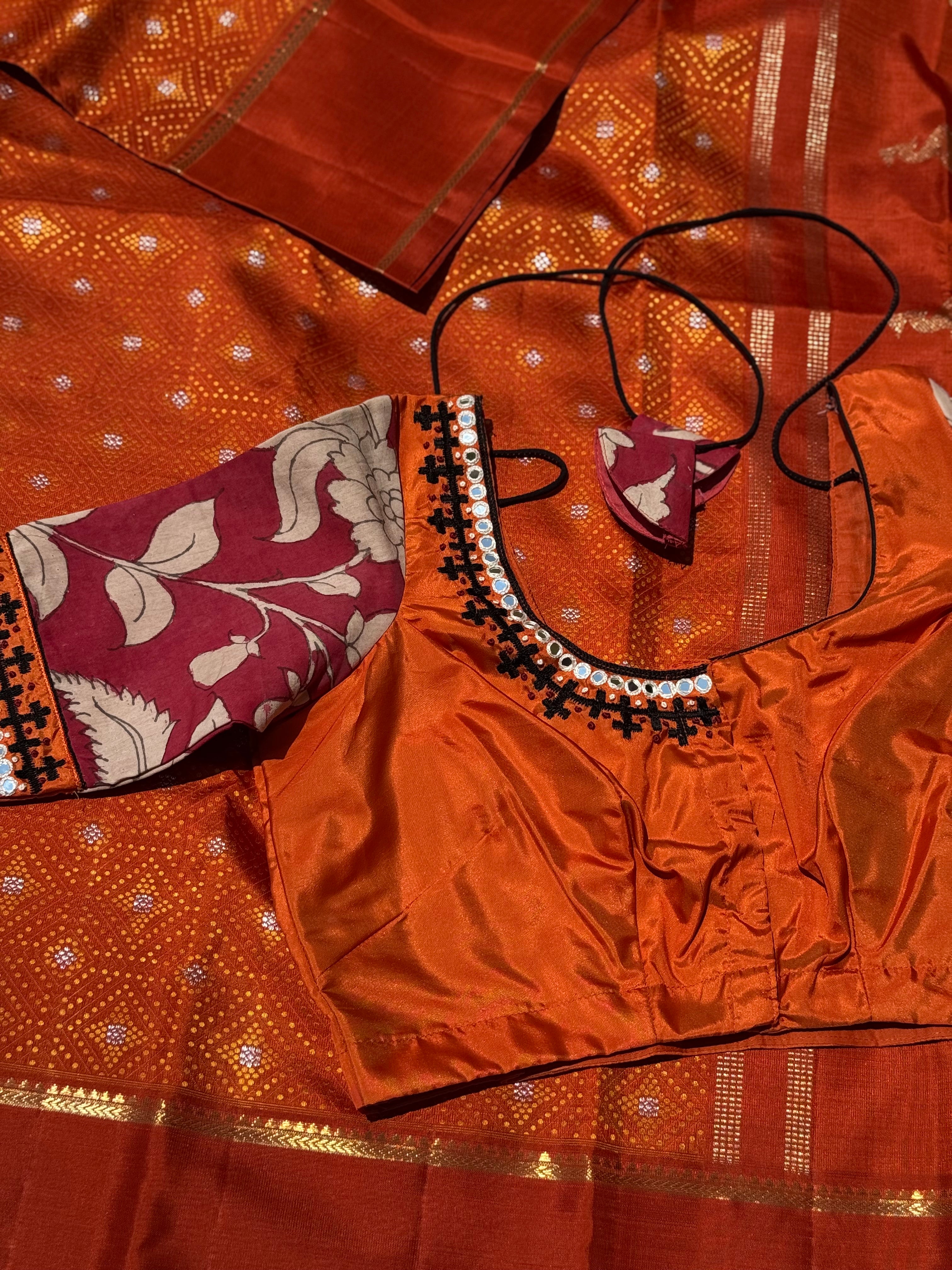 Rust orange with maroon silk blouse handdrawn hand painted penkalamkari and zardosi embellished