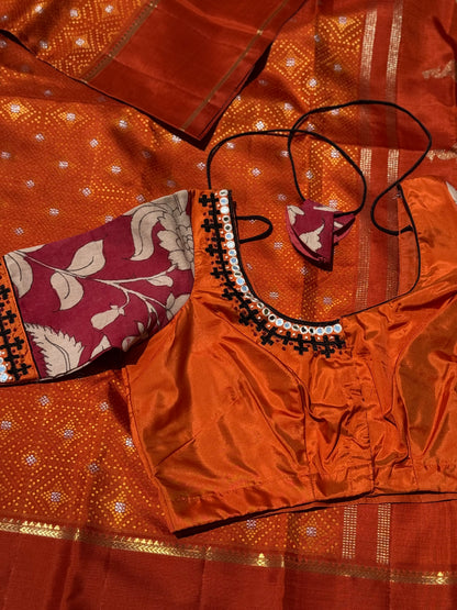 Rust orange with maroon silk blouse handdrawn hand painted penkalamkari and zardosi embellished
