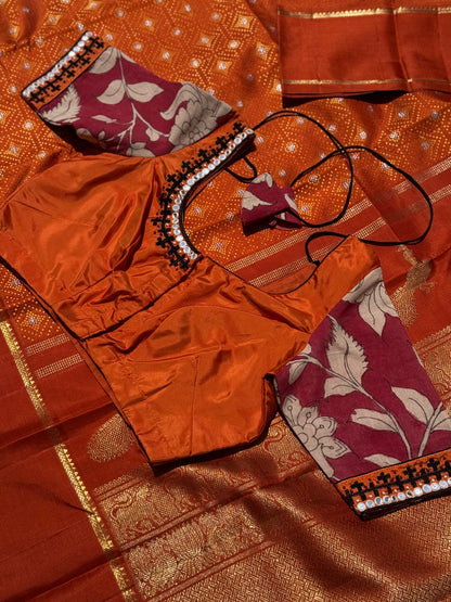 Rust orange with maroon silk blouse handdrawn hand painted penkalamkari and zardosi embellished