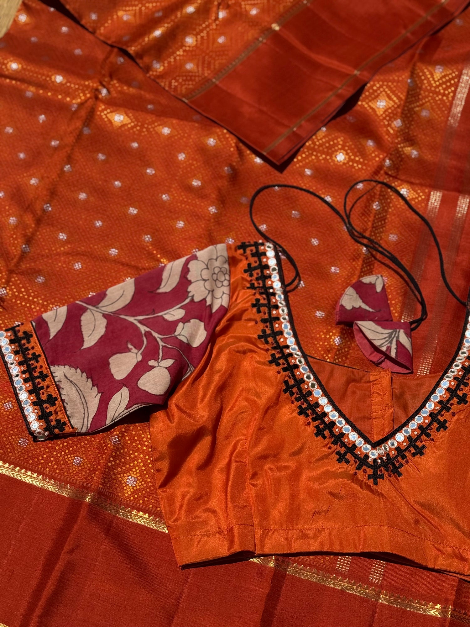 Rust orange with maroon silk blouse handdrawn hand painted penkalamkari and zardosi embellished