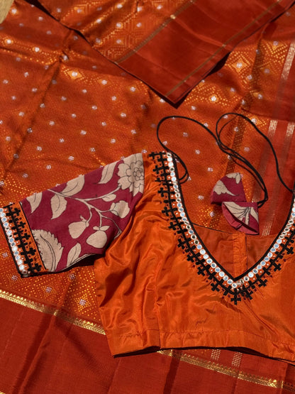 Rust orange with maroon silk blouse handdrawn hand painted penkalamkari and zardosi embellished