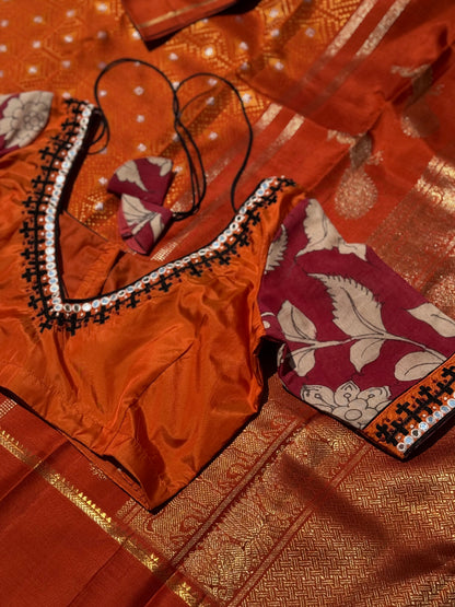 Rust orange with maroon silk blouse handdrawn hand painted penkalamkari and zardosi embellished