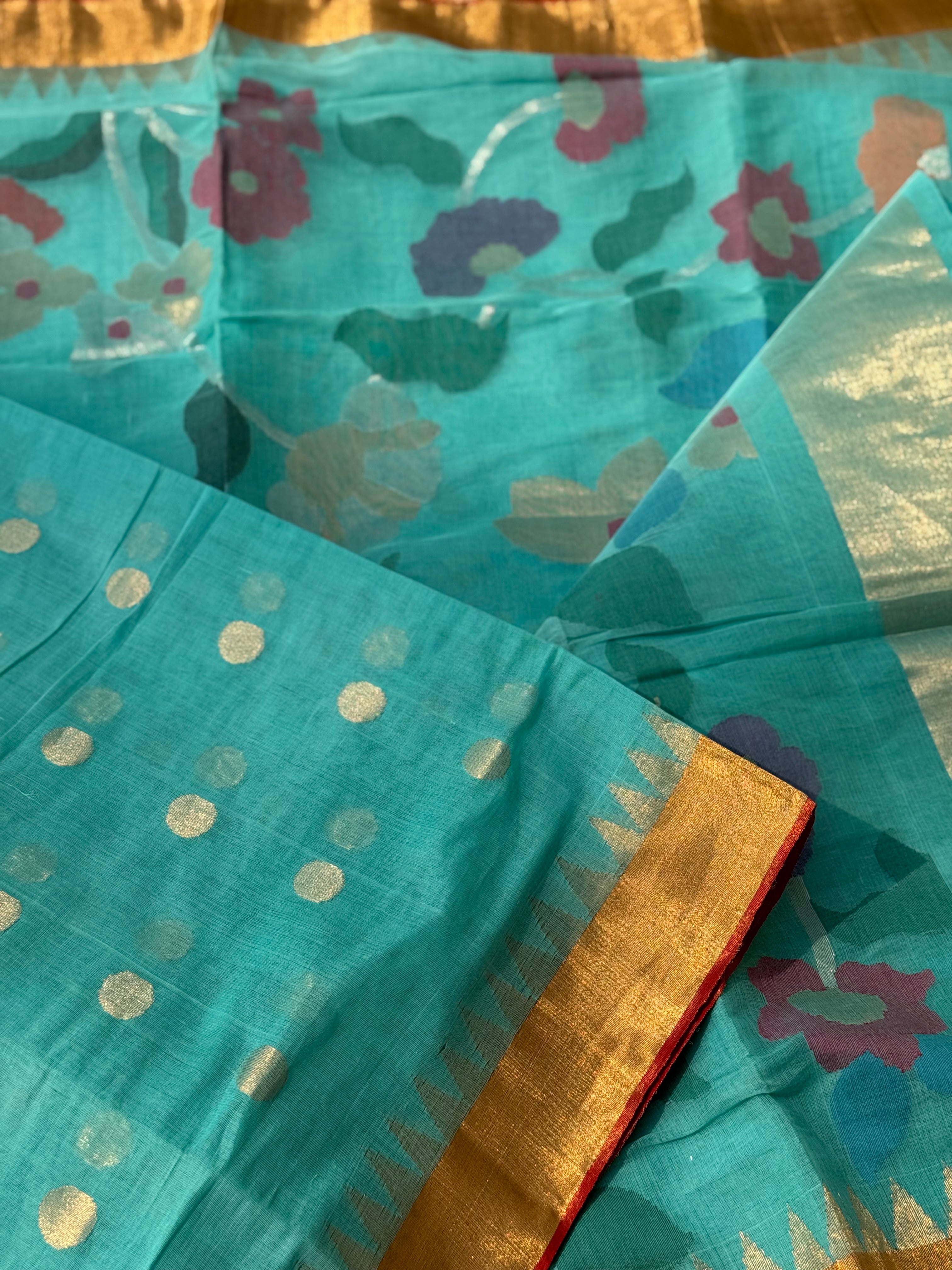 A gorgeous pastel foam blue shade handspun ponduru Khadhi jamdani cotton saree