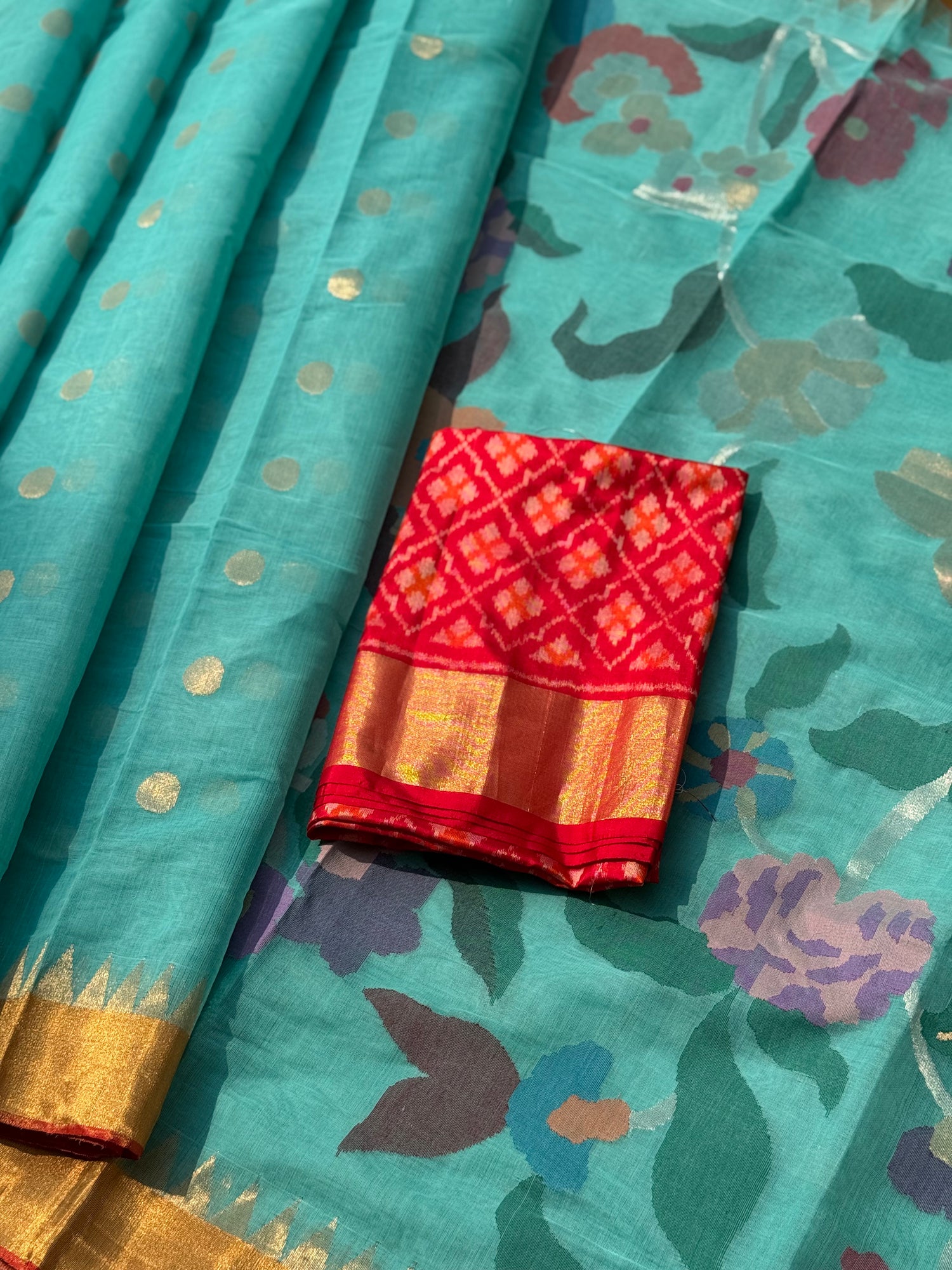 A gorgeous pastel foam blue shade handspun ponduru Khadhi jamdani cotton saree