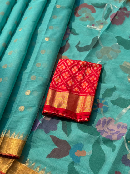 A gorgeous pastel foam blue shade handspun ponduru Khadhi jamdani cotton saree