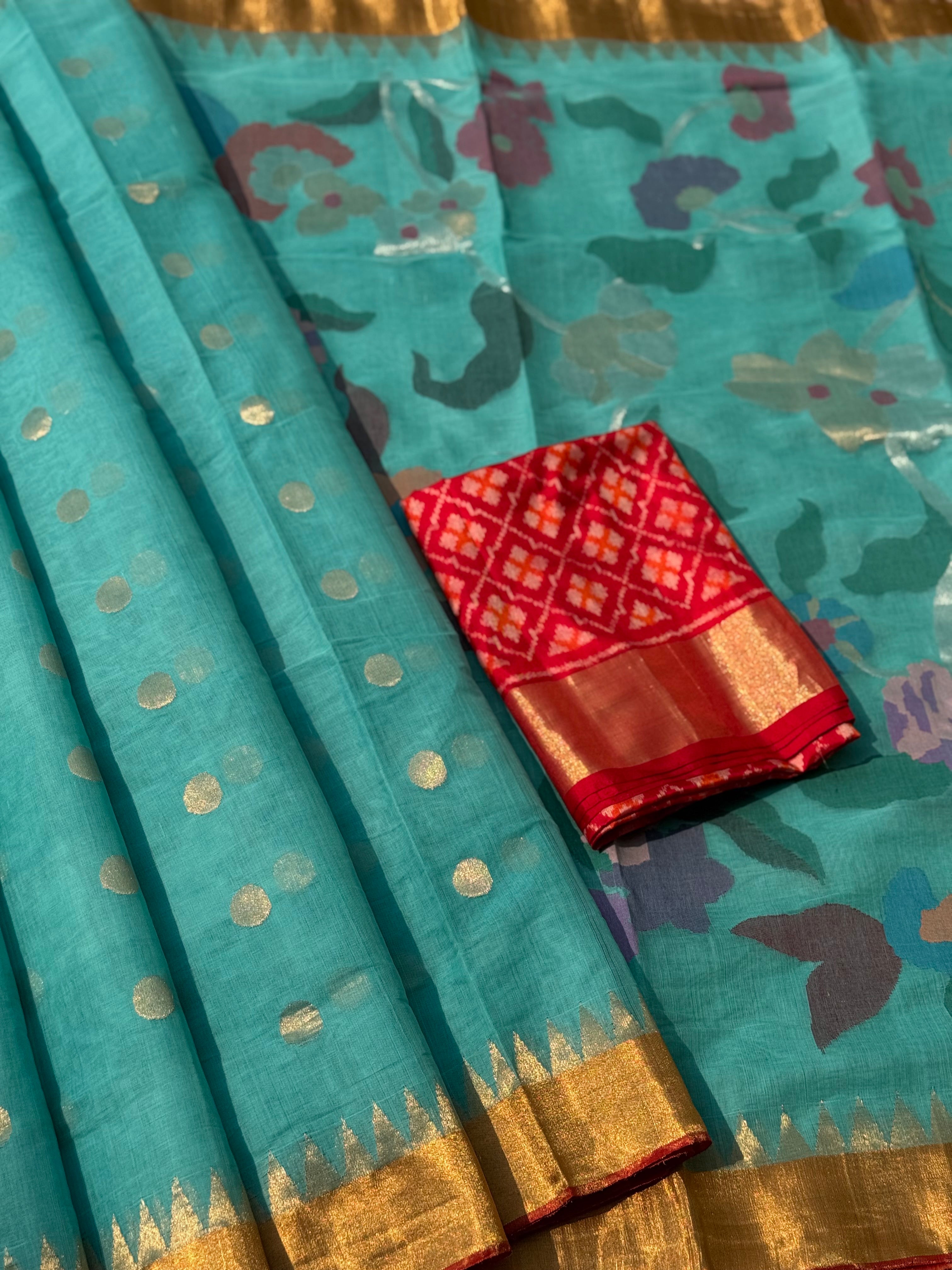 A gorgeous pastel foam blue shade handspun ponduru Khadhi jamdani cotton saree