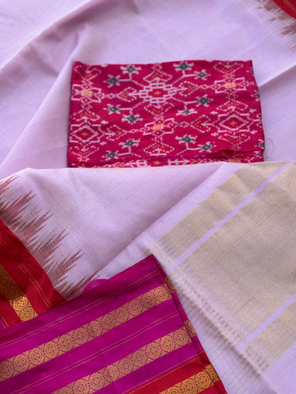 Handspun and handwoven ponduru Khadhi by silk saree with silk border in contrast red and pink jacquard weave