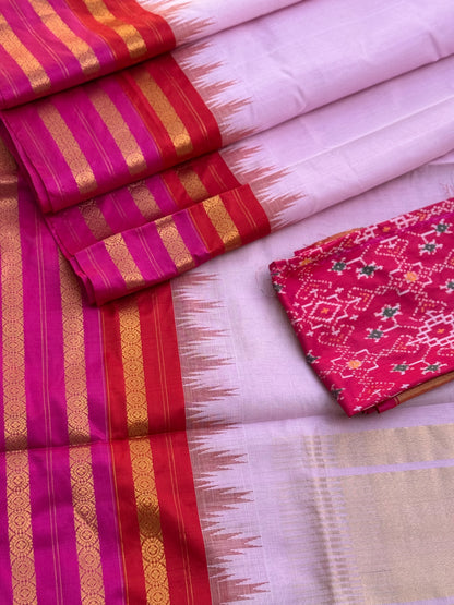 Handspun and handwoven ponduru Khadhi by silk saree with silk border in contrast red and pink jacquard weave