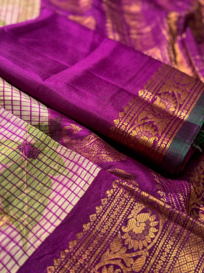 A pearl white with checks purple Natural Handmade Ecoprints gadwal silk saree