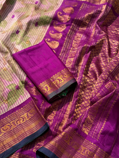 A pearl white with checks purple Natural Handmade Ecoprints gadwal silk saree