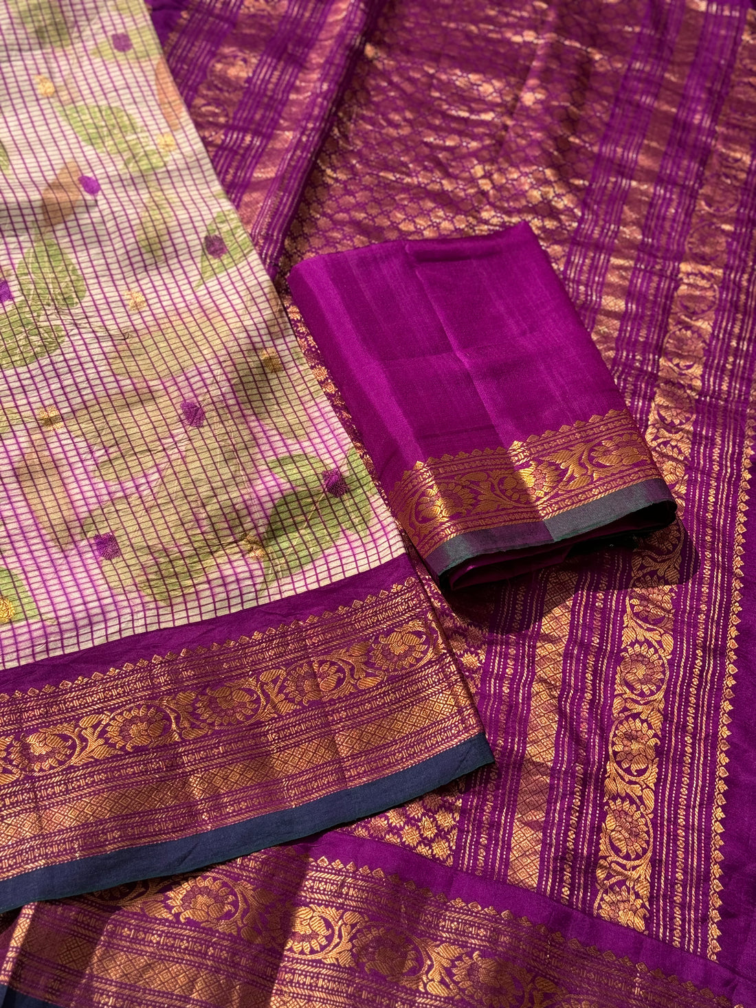 A pearl white with checks purple Natural Handmade Ecoprints gadwal silk saree