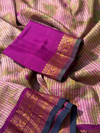 A pearl white with checks purple Natural Handmade Ecoprints gadwal silk saree