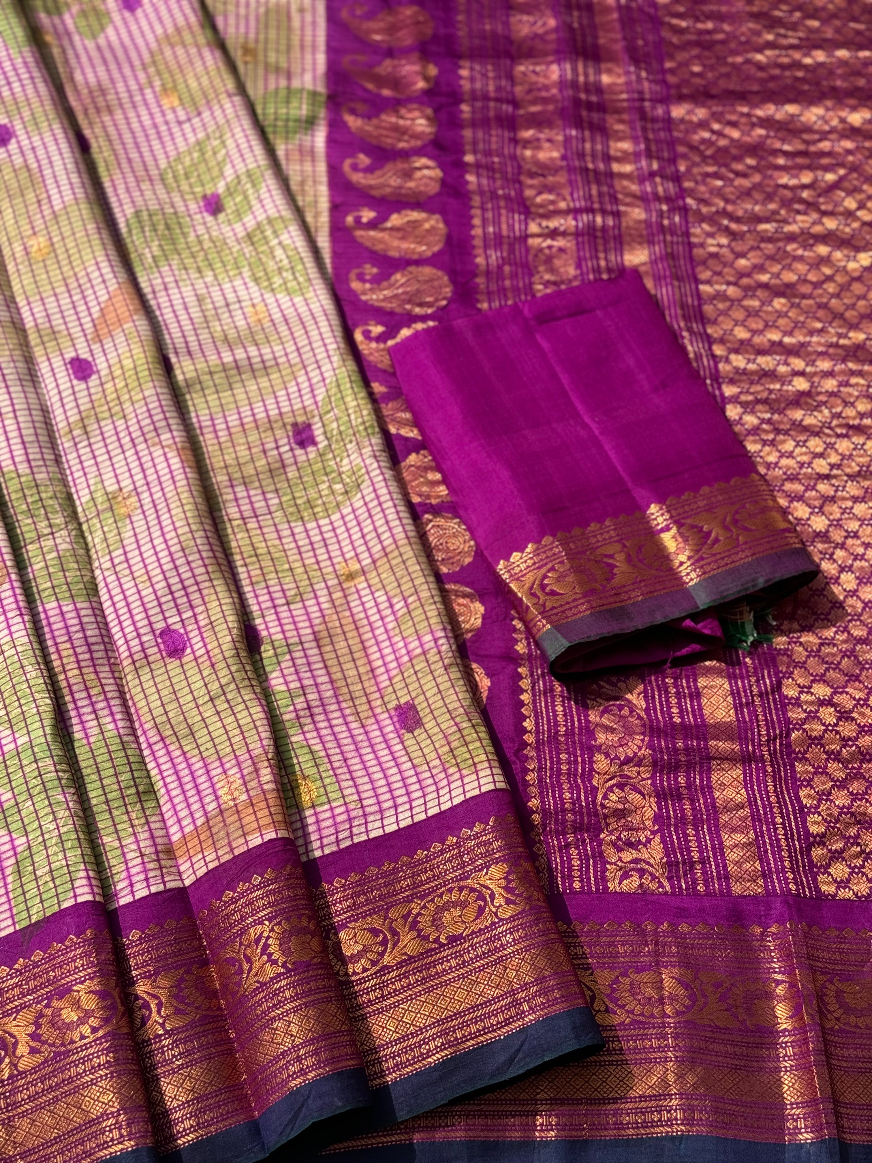 A pearl white with checks purple Natural Handmade Ecoprints gadwal silk saree